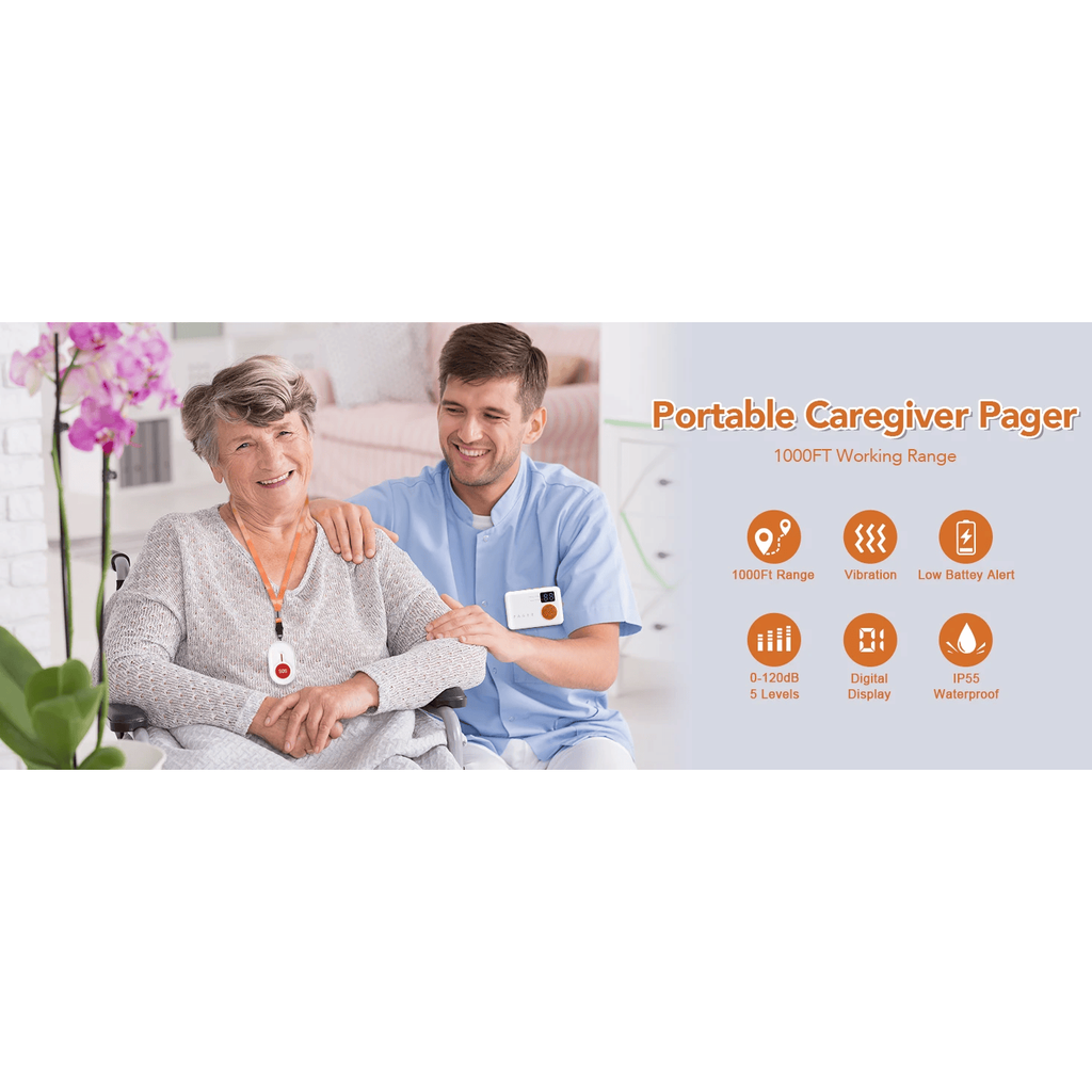 Wireless Caregiver Pager with 2 SOS Buttons (Up to 300mtrs range)